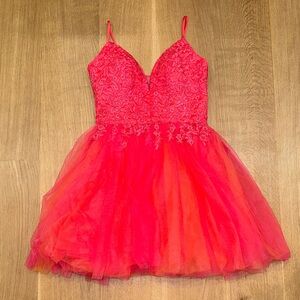 Prom Dress Bright coral Pink Elegant tulle floral embroidered mini Women’s 2
